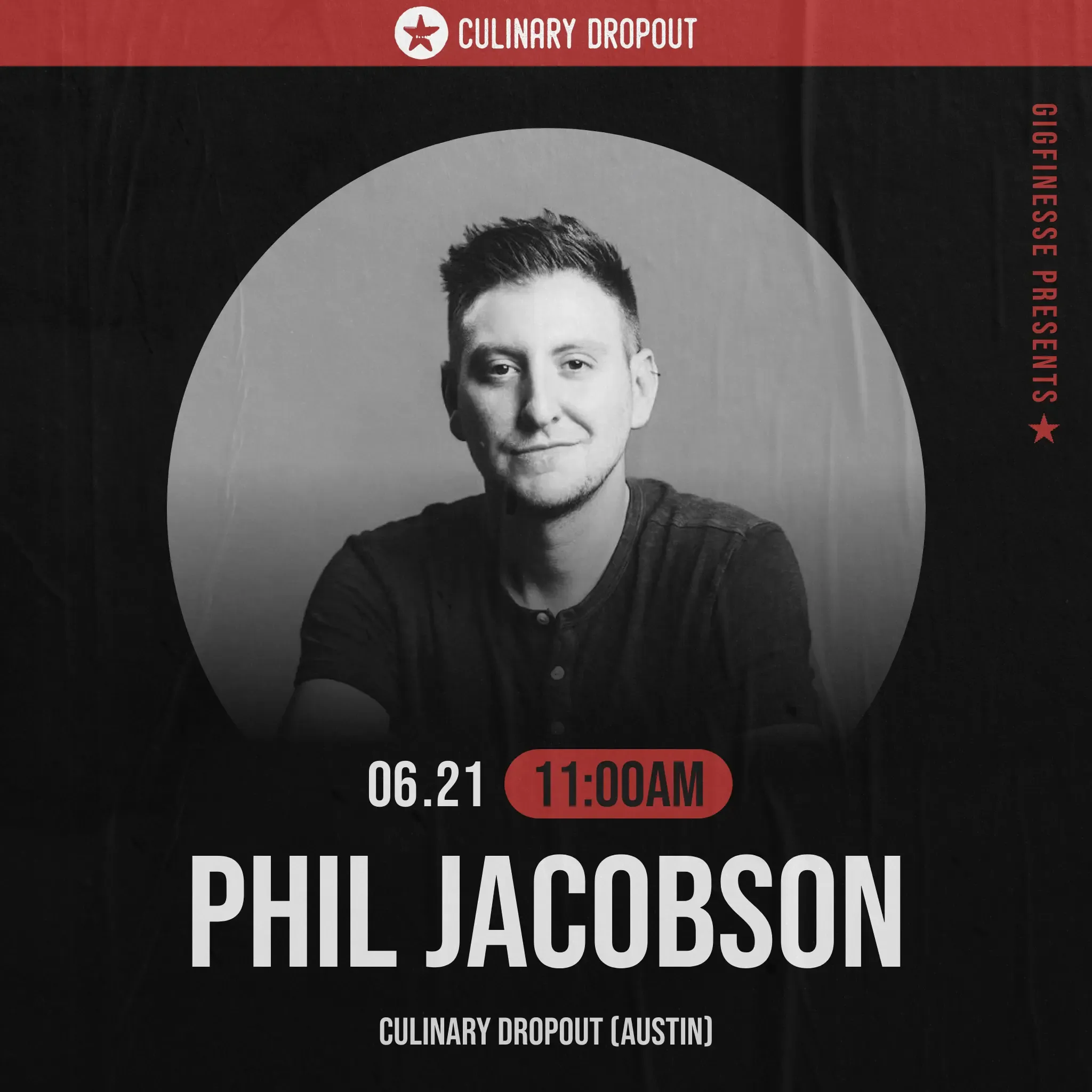 GigFinesse-branded Culinary Dropout show poster for musician Phil Jacobson performing in Austin
