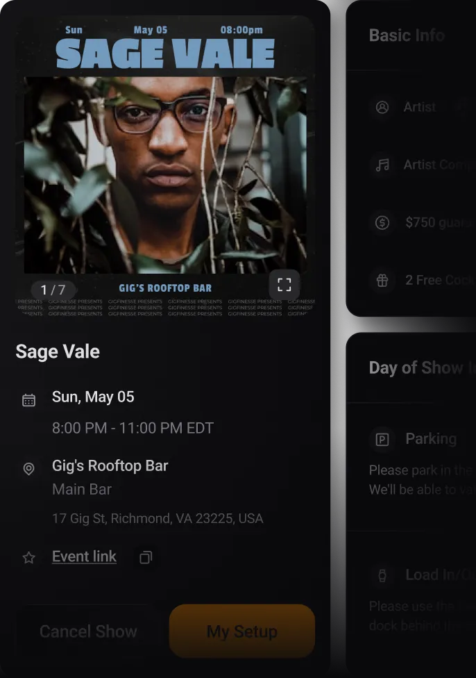The Green Room show-planning dashboard in the GigFinesse artist app