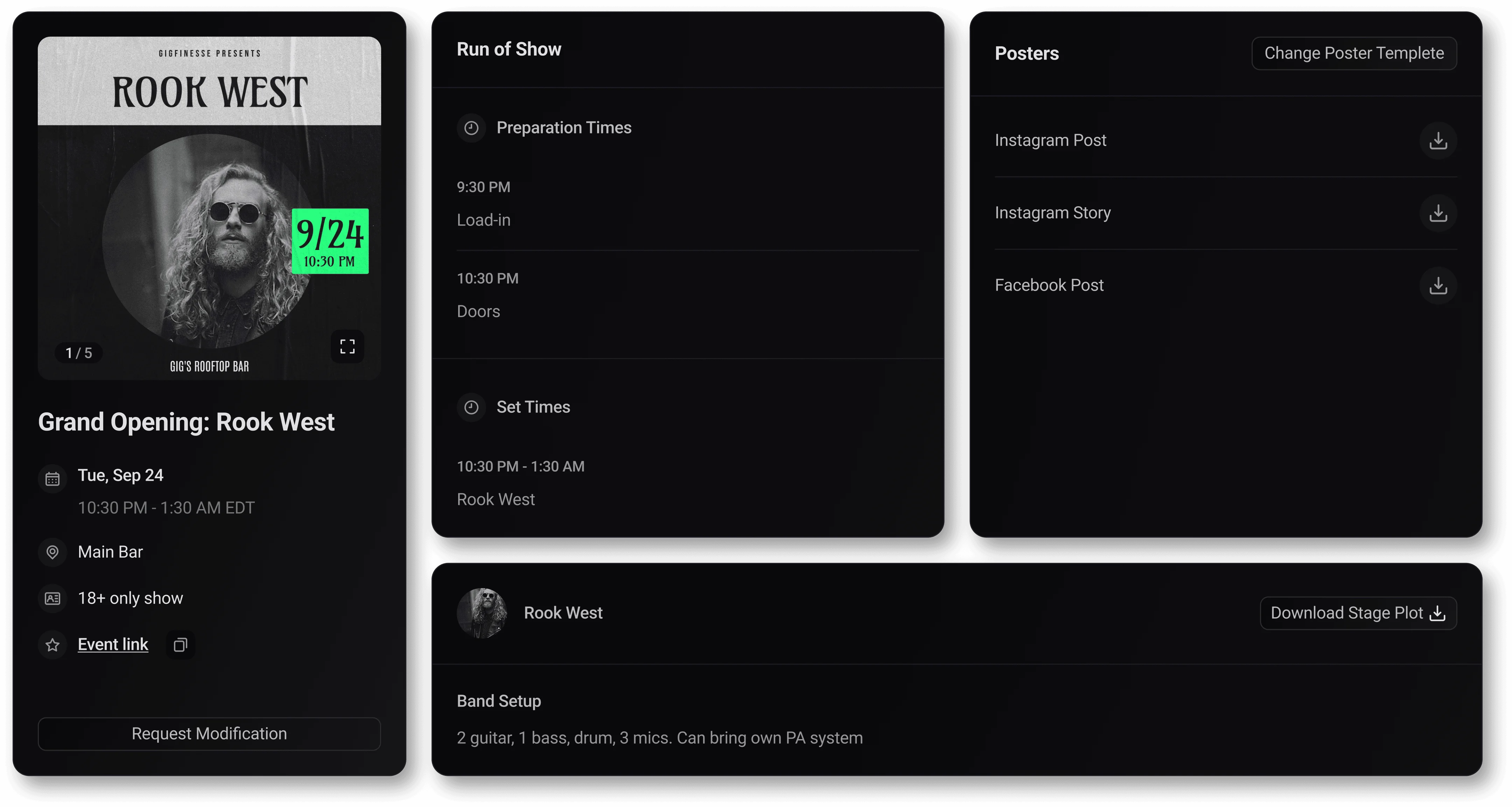 The Green Room dashboard for planning and running a venue’s live music shows