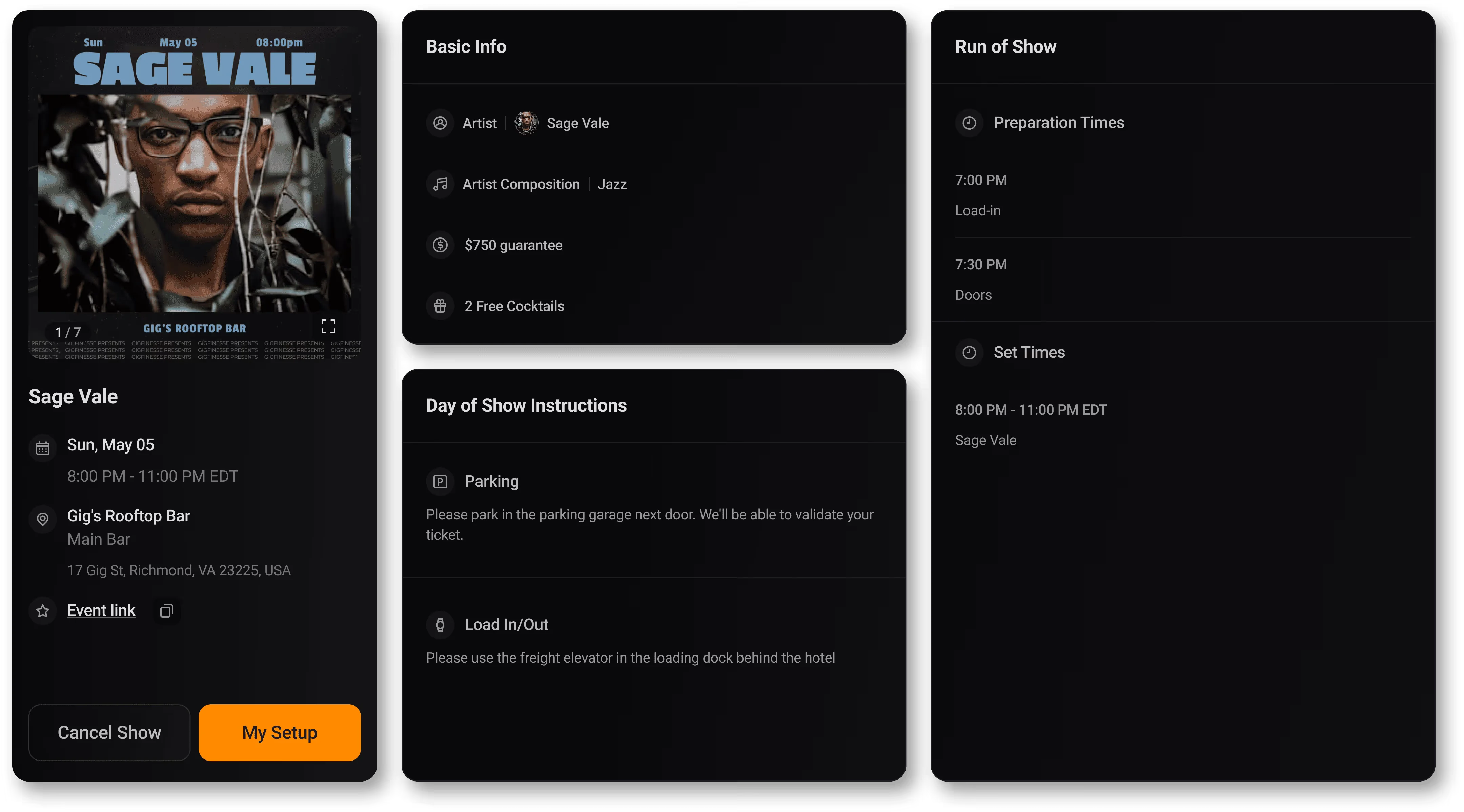 The Green Room show-planning dashboard in the GigFinesse artist app