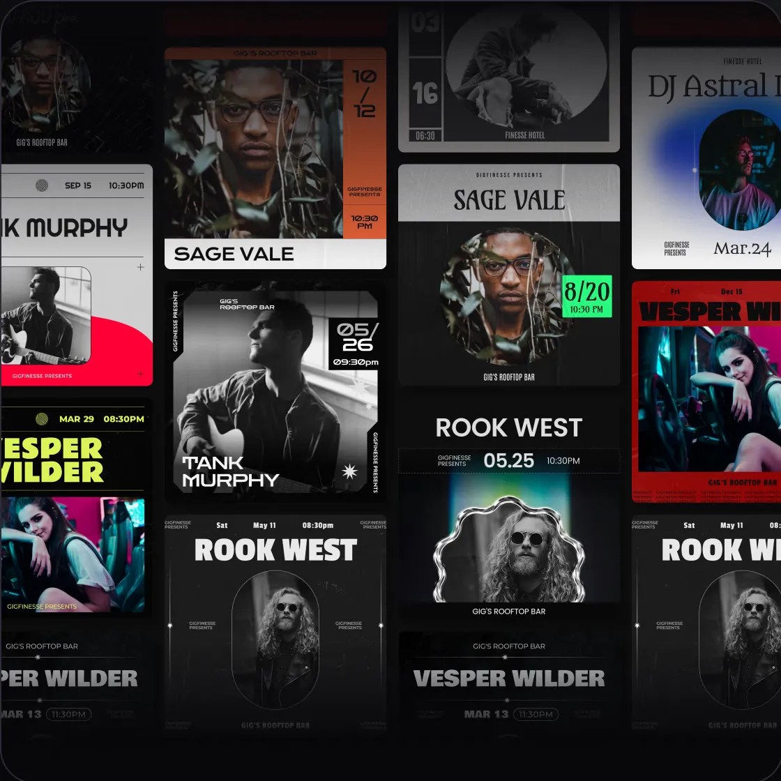 A wall of GigFinesse-generated show posters