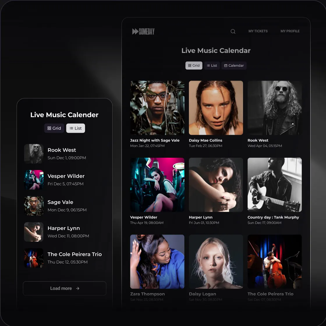 Auto-updated live music calendar widget shown on tablet and phone