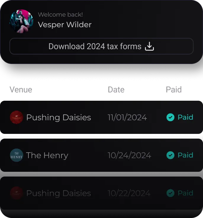 Artist payments with direct deposit and a single 1099 in GigFinesse