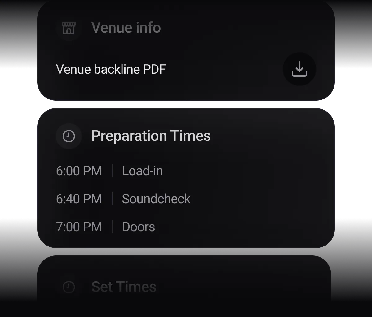 GigFinesse show dashboard with day-of-show gig details